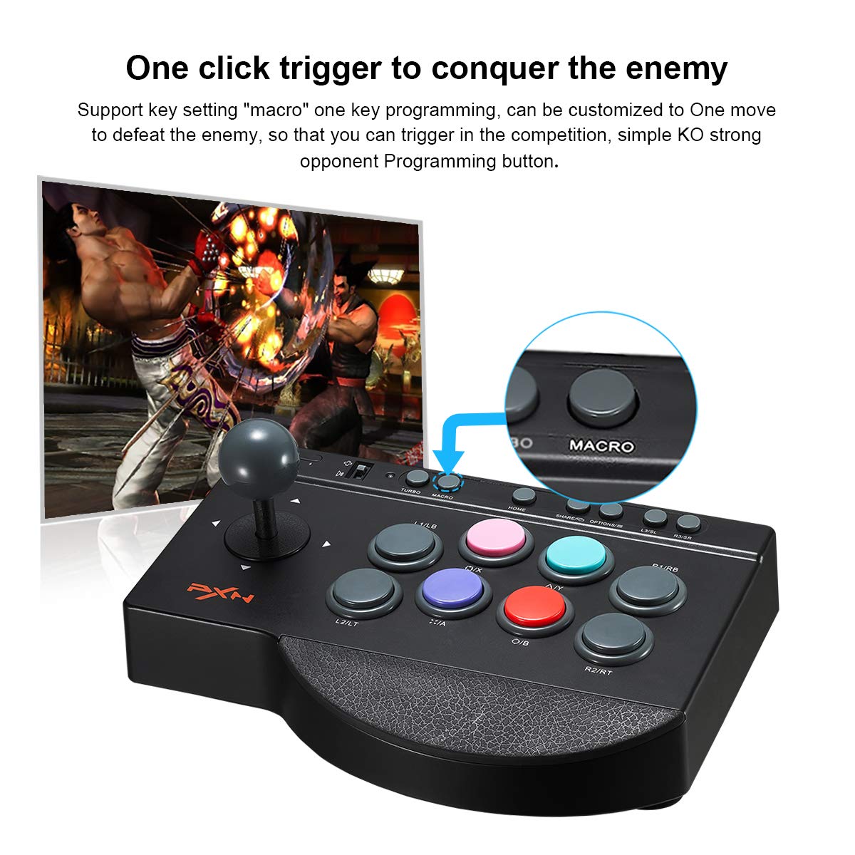 PXN Arcade Fight Stick 0082 Fight Stick Arcade Game Fighting Joystick PC with Turbo/Macro Functions Compatible with PC, PS4, PS3, Xbox One, Xbox Series X|S, Android TV Box, Switch