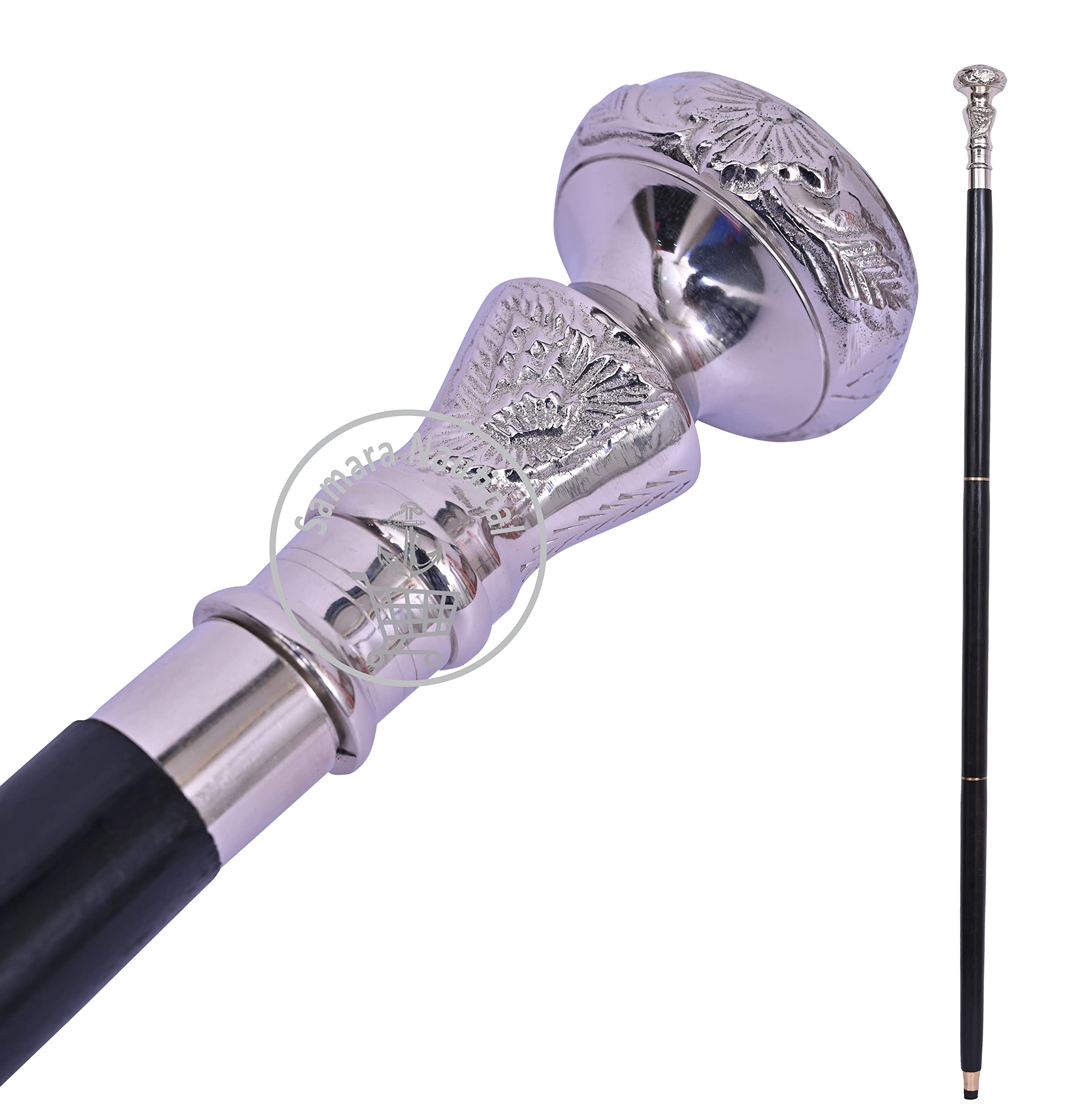 Samara Nautical Vintage Antique Walking Cane Wooden Walking Stick Silver Brass Handle Knob Gift 01