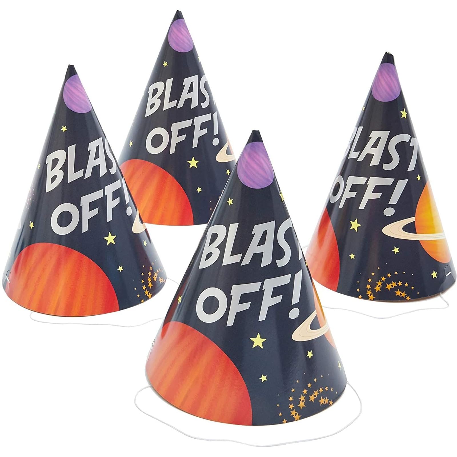 Photo 1 of BLUE PANDA Outer Space Birthday Party Hats 24 Pack - 5 x 7 Inch Multicolor Flat Paper - Elastic Chin Strap & Easy Assembly - Kid & Baby Shower Party Supplies