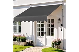 TLSUNNY Manual Retractable Awning 138"x118", Retractable awnings for Patio, Door, or Window - No Drilling Required, Canopy with UV Protectio and Waterproof (Gray)