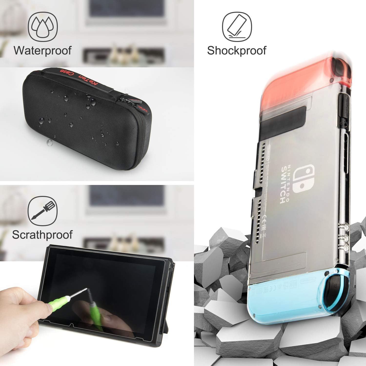Keten 13 in 1 Accessories Kit for Nintendo Switch Including Carrying Case/Switch Clear Cover Case/Adjustable Stand/Tempered Glass Screen Protector (2 Packs): Electronics