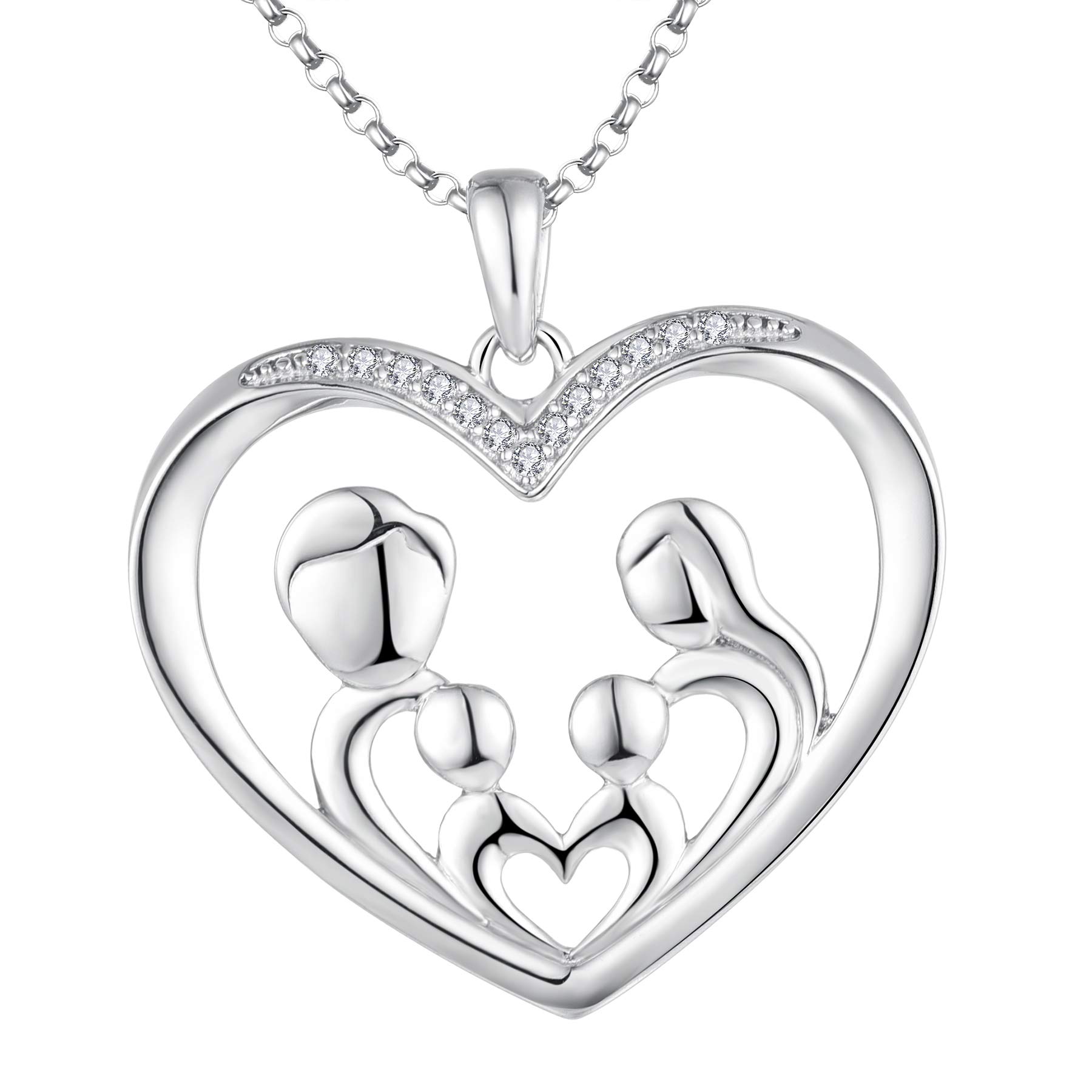 JO WISDOM Women Mum Heart Necklace,925 Sterling Silver Mother Daughter/Son 2 Kids Father Family AAA Cubic Zirconia Pendant Necklace,Gift for Mum