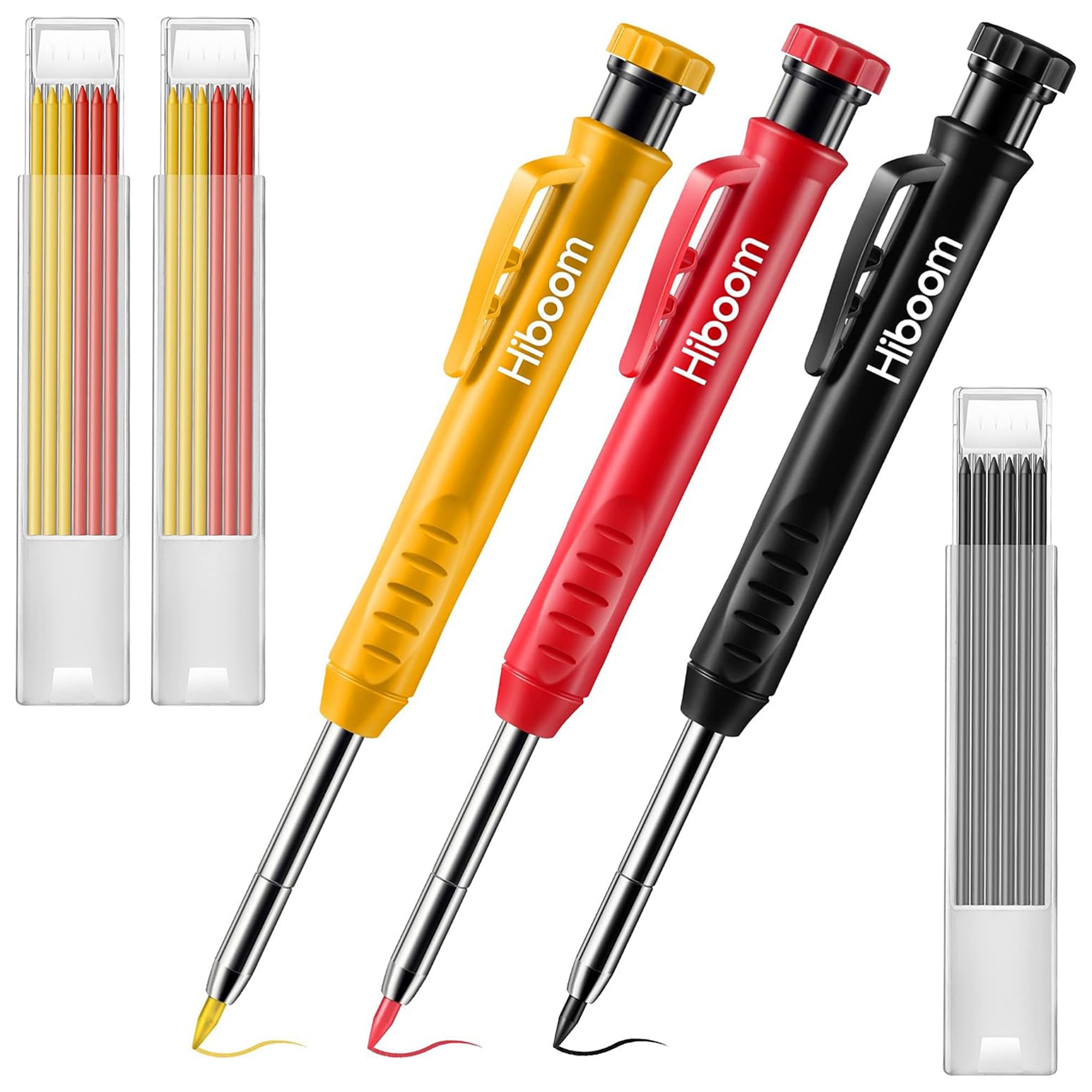 Hiboom 3 Pack Solid Carpenter Pencil with 21 Refill, Long Nosed Deep Hole Mechanical Pencil Marker with Built in Sharpener for Carpenter, Design Patent