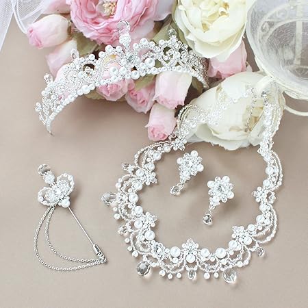Amazon ティアラ ネックレス イヤリング ラペルピン手作りキット4点セット クリスタルヴェール ラシクビーズ Laciqbeads ホワイトパール ビーズ アクセサリーキット 通販