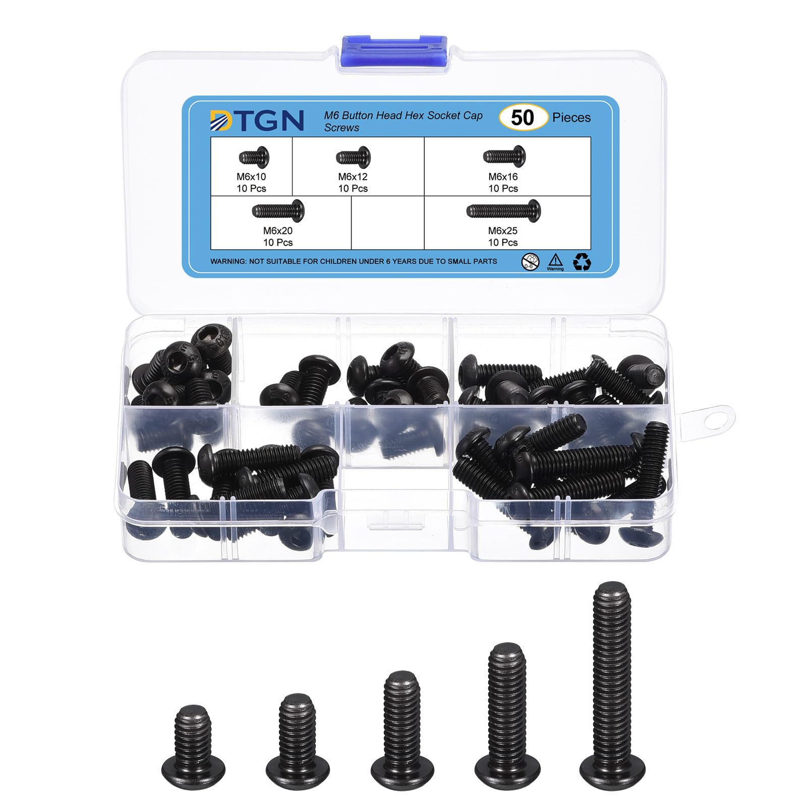 DTGN 50Pcs M6 Button Head Socket Cap Screws Kit - 10/12/16/20/25mm Carbon Steel Black Oxide Full Thread Hex Socket Cap Screw Assortment - Good for Machine, Furniture Repairing