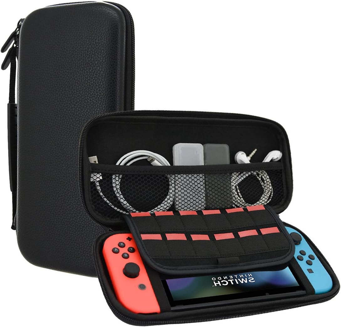 POPHEKO Carrying Case for Nintendo Switch, Travel Carry Case Portable PU Hard Shell Protective Storage Pouch for Nintendo Switch Console & Accessories Holds 12 Game Cartridges