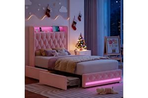 HIFIT Upholstered Twin LED Bed Frame with Charging Station Headboard & 4 Storage Drawers, Velvet Crystal Button-Tufted Princess Twin Size Platform Bed Frames for Kids/Girls, No Box Spring Needed, Pink