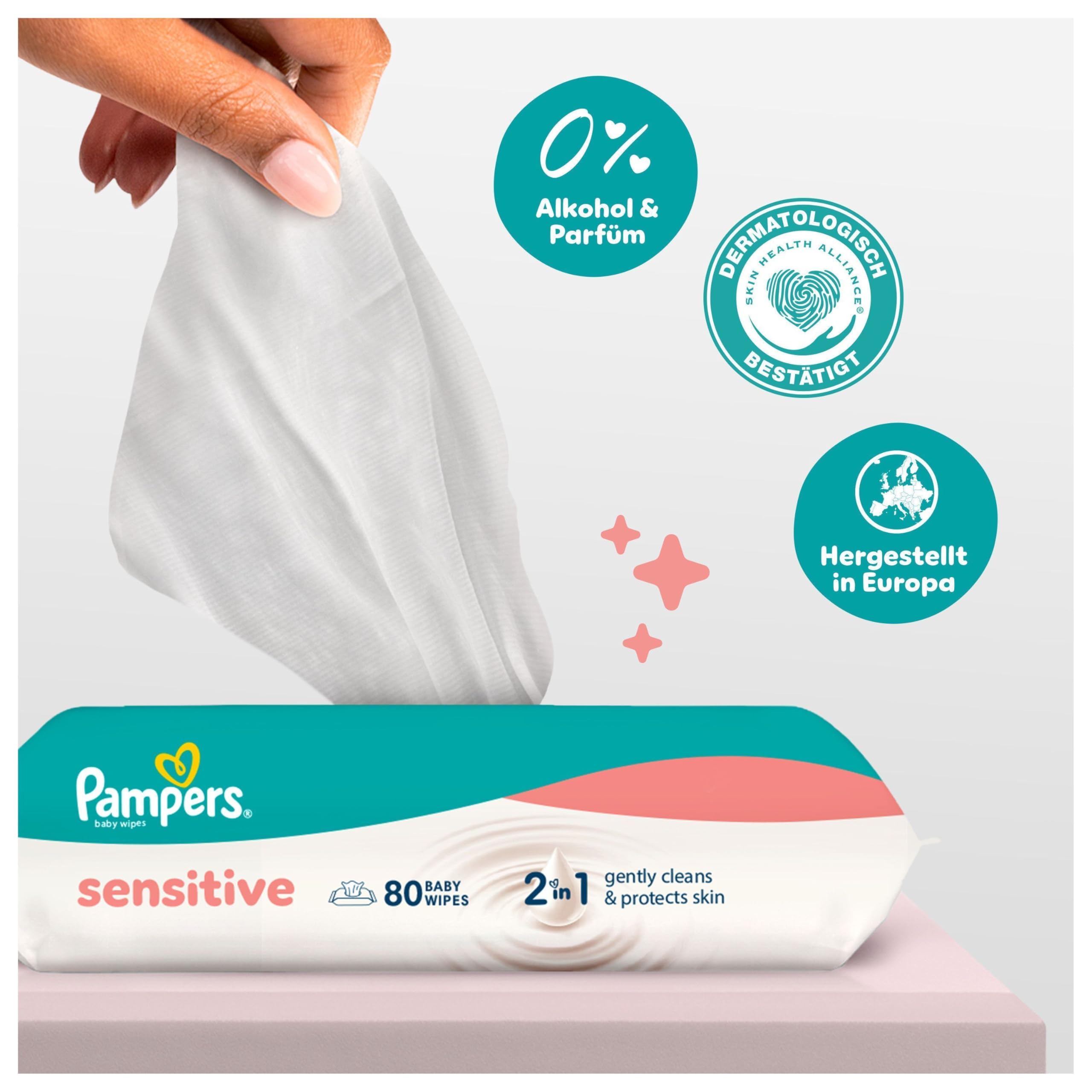 Pampers Sensitive Baby-Feuchttücher, 15 Packungen mit 80 Feuchttüchern,1200 Baby-Feuchttücher, 2-in-1 sanfte Reinigung & Hautschutz 5