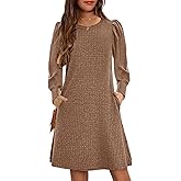 YOVION Girls Fall Knit Dress Crew Neck Puff Long Sleeve Casual Tunic Dresses with Pockets 6-12 Y