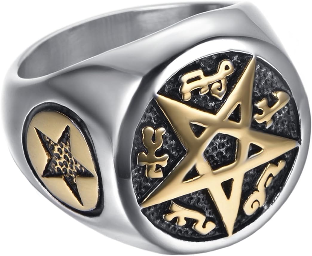 HAMANY Mens Stainless Steel Vintage Pentagram Casting Ring Gold Black Biker Rings,Size T