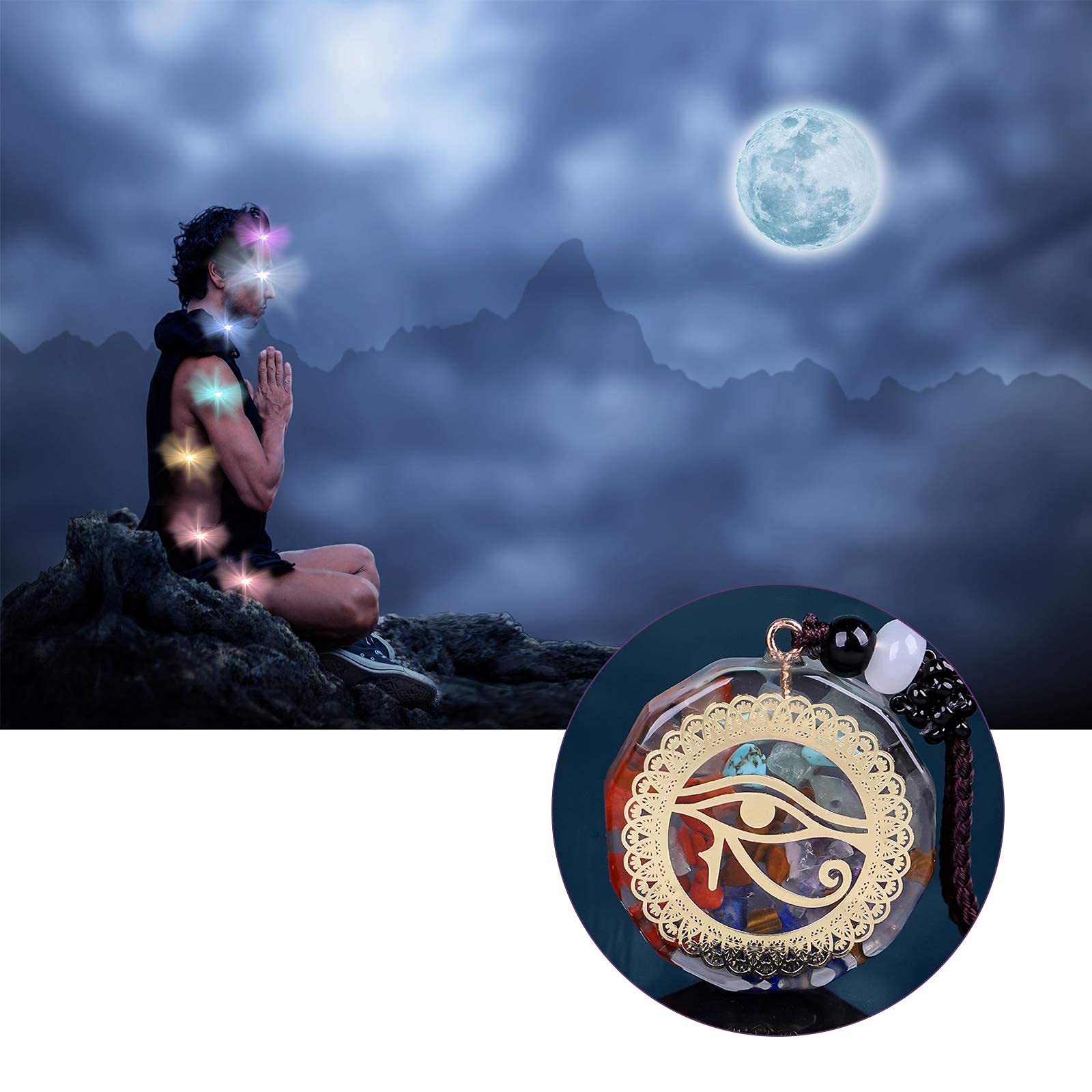 SEKDAQ 7 Chakra Organite Pendant Necklaces,yoga Horus Eye Rune Resin Necklace Crystal Pendants For Women Men