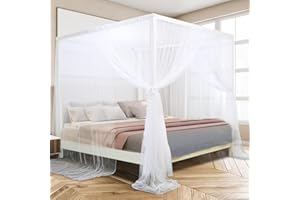 South to East White Canopy Bed Curtains, 4 Corner Post Bed Canopy for Girls & Adults, Top Luxurious Bed Drapes for Bedroom Decoration, 4 Openings, 100% Ripstop Polyester, Easy Install, King/Queen Size