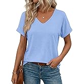 EADINVE Womens V Neck Rolled Sleeve T Shirts Curved Hem Short Sleeve Tops Summer Trendy Tees Loose Fit Tunic Shirts 2026