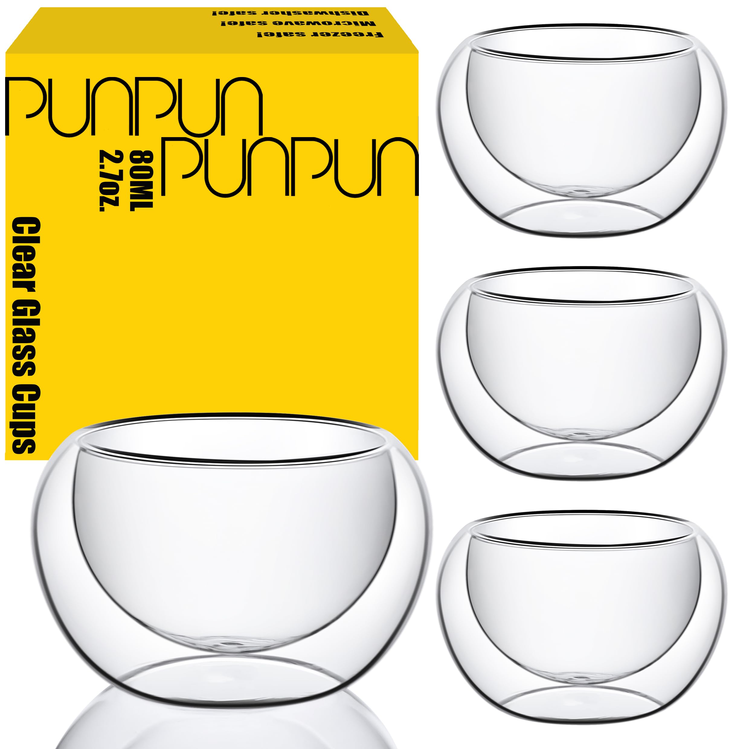 PunPun Tea Cups Double Wall Borosilicate Glass Espresso Cups Heatproof Insulating Teacups Glass 2.7oz. 80ml Set of 4 Demitasse Gift Box …