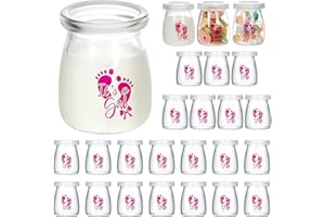 Tanlade 24 Pcs It's a Boy or Girl Milk Glass Bottles 3.4 oz Mini Glass Candy Jars Clear Yogurt Jars with Plastic Lids Baby Shower Party Favors Gender Reveal Party Decorations(It's A Girl)