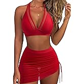 RXRXCOCO Mesh Halter High Waisted Bikini Sets for Women Tummy Control Swimsuits Two Piece Bathing Suits with Skirt Red, Medium