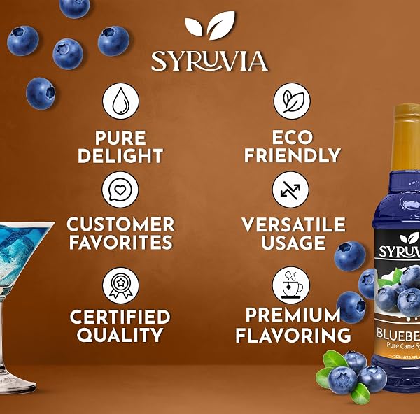 SYRUVIA BLUEBERRY SYRUP, FLAVORED SYRUP FOR DRINKS, COCKTAILS, LEMONADES, ICED TEAS, AND DESSERTS – 25.4 FL OZ