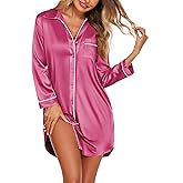 Ekouaer Satin Nightgowns for Women Button Down Sleep Shirt Silk Night Shirt Long Sleeve Boyfriend Sleepwear S-3XL Rose Pink