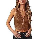 Fallorchid Women's Button Up Sleeveless Vest Crop Tops Sexy V Neck Faux Leather Jacket Waistcoat