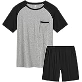 MoFiz Mens Pajamas Set Summer Pjs Sleepwear Short Sleeve Shirt and Shorts Lightweight Soft Loungewear with Pockets S-3XL
