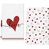 Secarond Valentine's Day Love Hearts Kitchen Towels Dish Towels, 18x28 Inch Love Seasonal Anniversary Decoration Hand Towels Set of 2