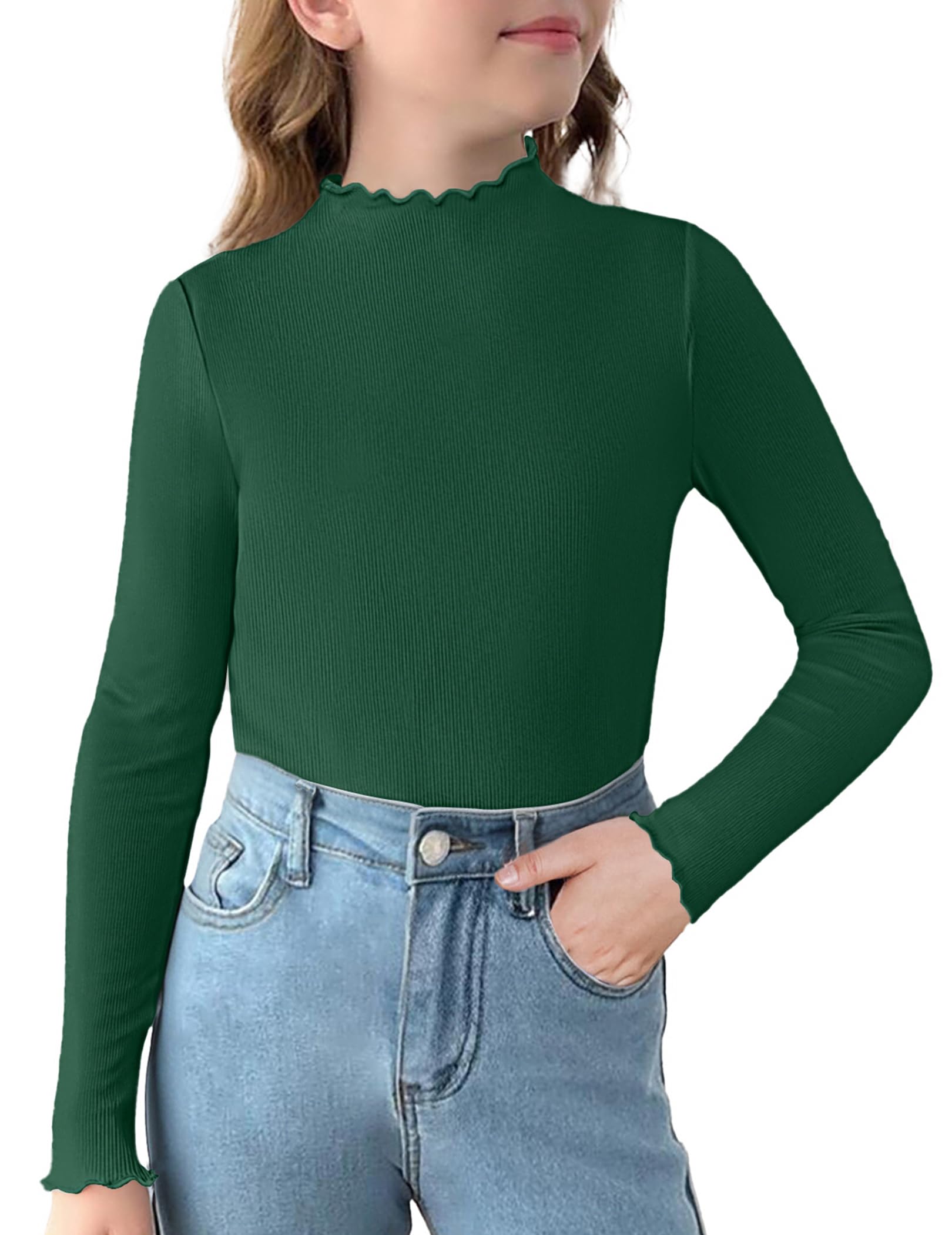 Photo 1 of Arshiner Girls Mock Turtleneck Shirt Girls Christmas Shirt Long Sleeve Mock Neck Slim Fit Tops Thermal Base Layer Soft Lightweight Stretch Undershirts Green 7-8 Years