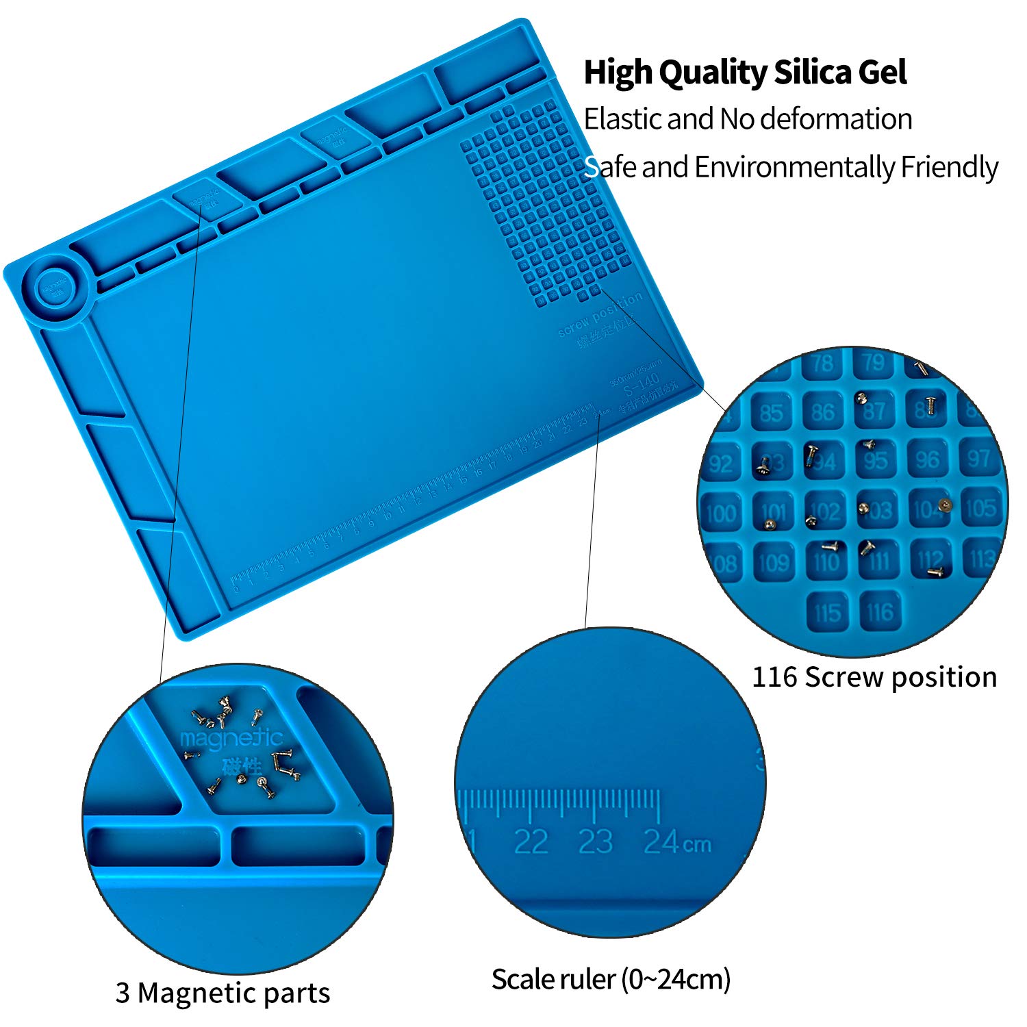 Kaisi S-140 Magnetic Insulation Silicone Soldering Mat Magnetic Repair Mat, Heat Resistant Work Mat 932°F for Repair Electronics, Phone, Soldering Iron, Gun, BGA, Workbench, Size: 13.8 x 9.8 inch