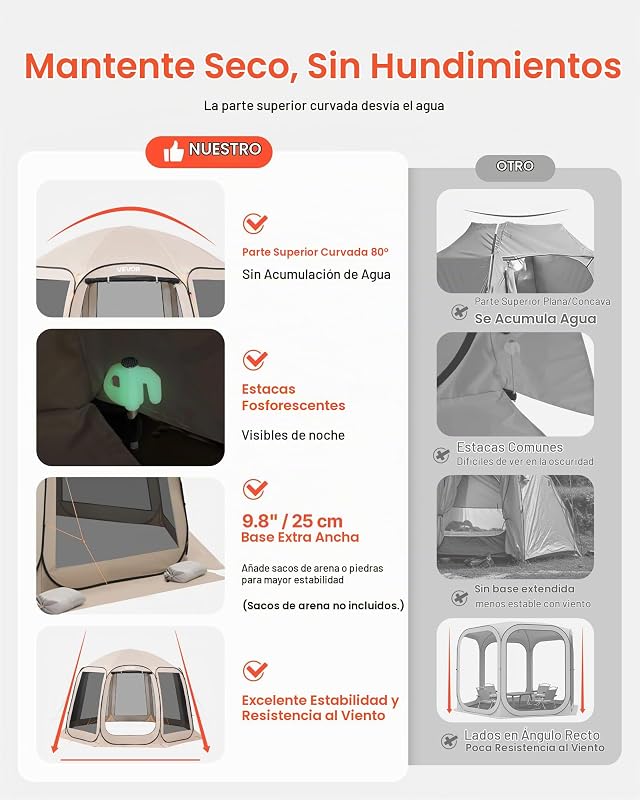 Carpa Plegable, 3660 x 3380 x 2300 mm, 10-12 Personas, con Mosquitera, Bolsa de Transporte, Laterales de Malla y Estacas para el Suelo, para Jardín, Patio y Actividades al Aire Libre, Beige