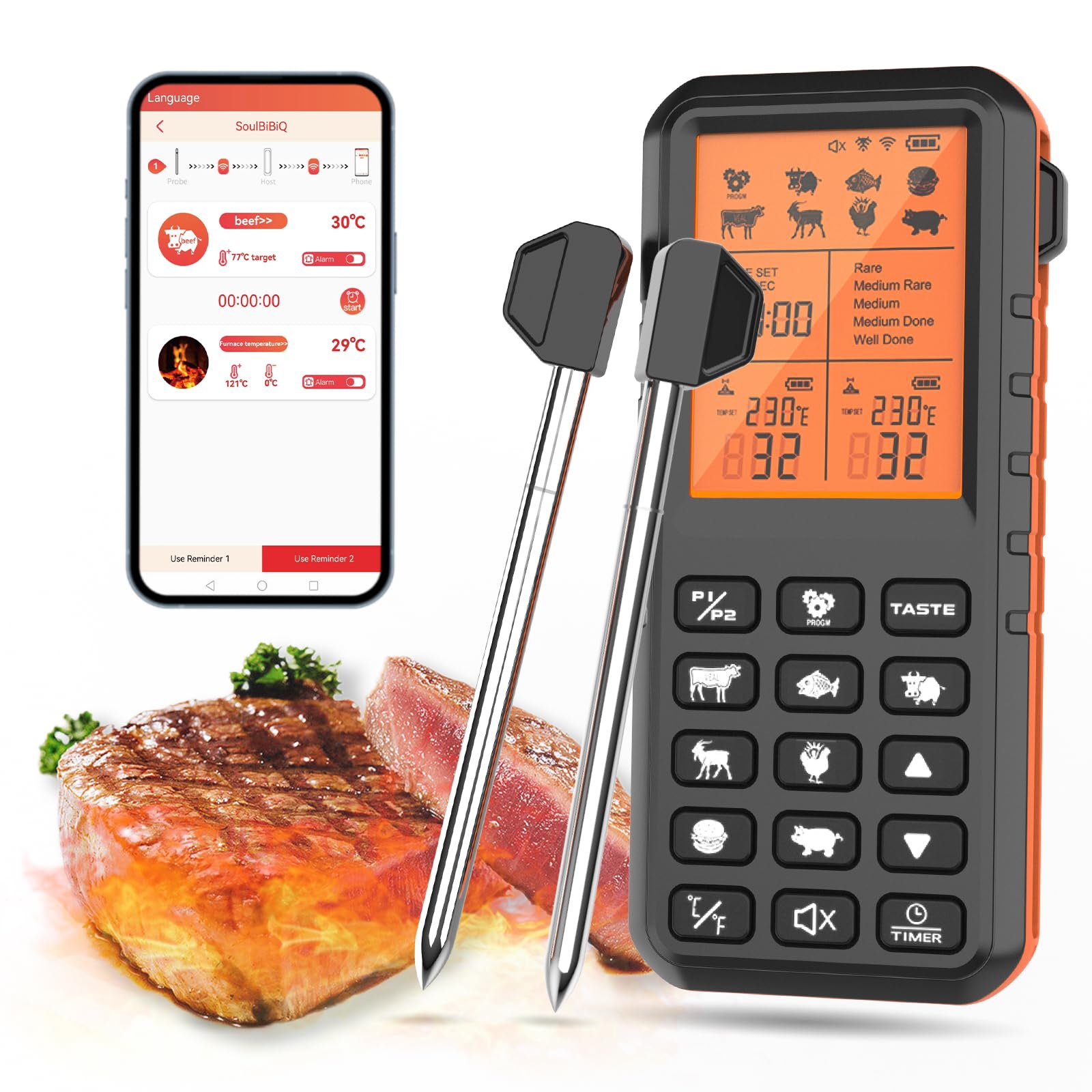 Photo 1 of Digital Meat Thermometer, 500FT Wireless Meat Thermometer, Smart App Control, IP67 Waterproof Wireless Meat Probe Oven Safe, Bluetooth Meat Thermometer for Grilling, Kitchen, Cooking BBQ (2)