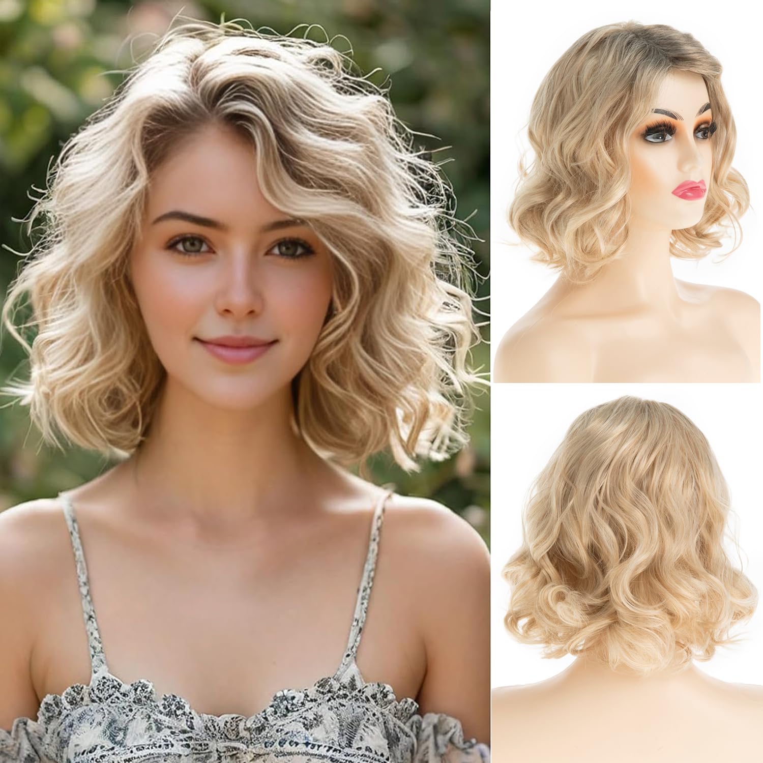 Photo 1 of Baruisi Short Wavy Blonde Wig for Women Synthetic Side Part Halloween Cosplay Hair Wig