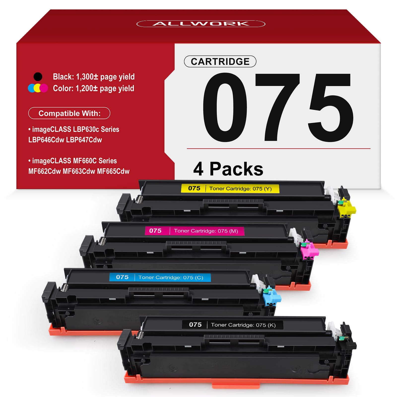 Photo 1 of 075 Toner Cartridge Set 4 Pack Compatible Replacement for Canon 075 075H Works for Canon Color imageCLASS MF662Cdw MF663Cdw MF665Cdw LBP646Cdw LBP647Cdw LBP640 MF660 Series Printer 4-Pack with Chip