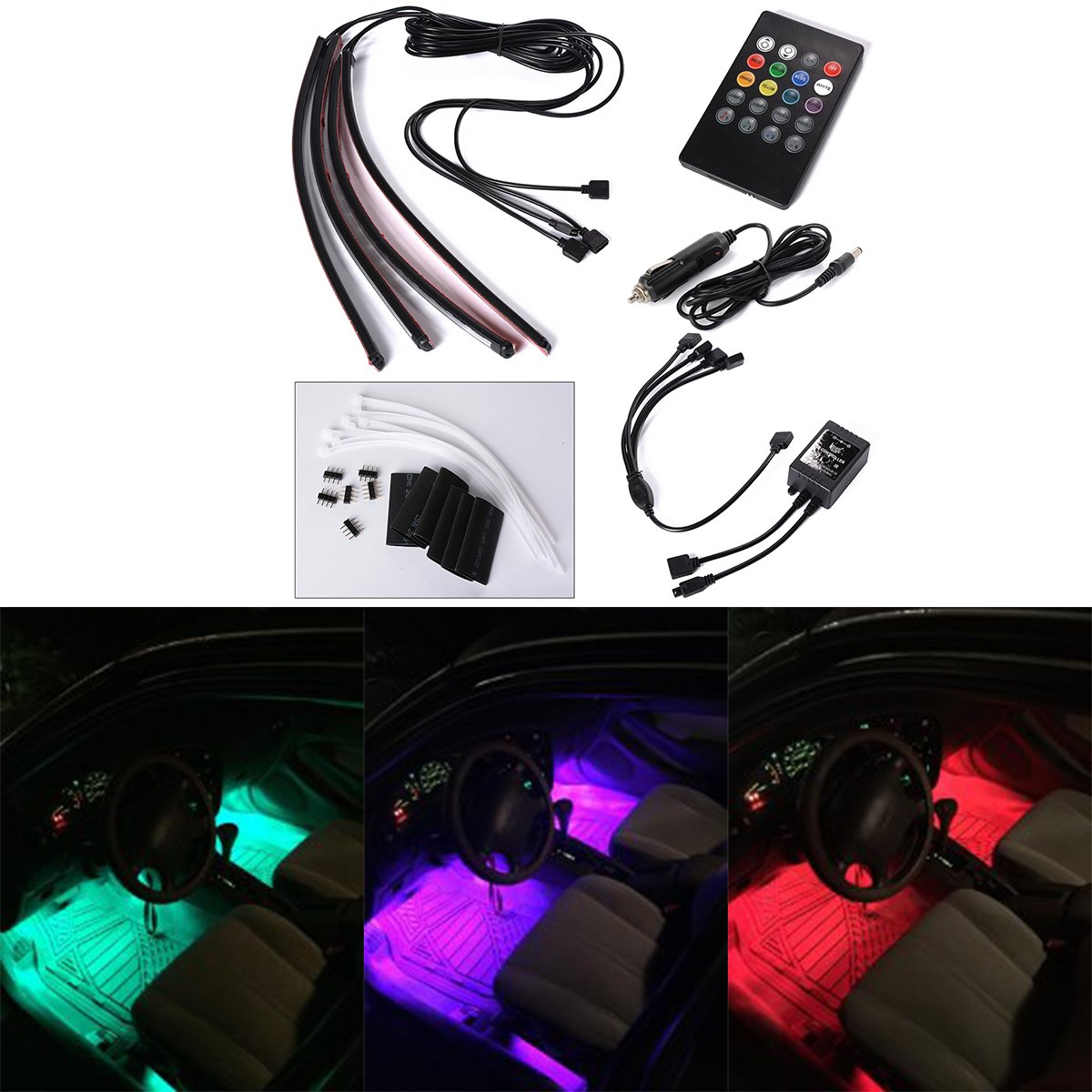 Xcellent Global 4pcs 12 Inch 8 Color Car Interior Light LED Decoration Atmosphere Neon Light Strip Under Dash Light Kit with Sound Active Function Wireless IR Remote Control DC 12V Car Charger AT010