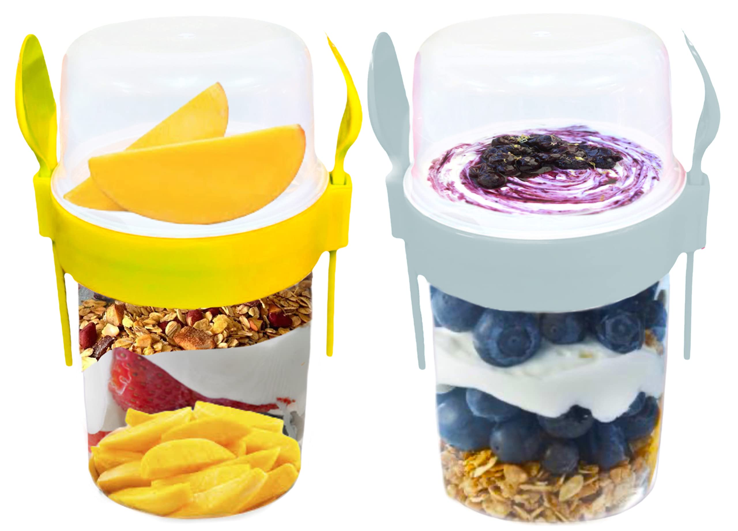 4All 2PCs Reusable BPA Free Museli Pots 800ml Yoghurt Cup with Spoon & Fork Breakfast Pots to GO Cereal On the Go Dishwasher Safe Oatmeal Jar Set of 2 Grey and Yellow