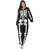 Takuvan Skeleton Costume Adult Women Onesie Halloween Pajamas Plus Size Cozy Jumpsuit Outfit for Girl Cosplay Party