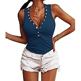 Jauoop Women's V Neck Tank Tops Summer Ribbed Sleeveless Henley Shirts Sexy Low Cut Button Down Cami Knit Tees
