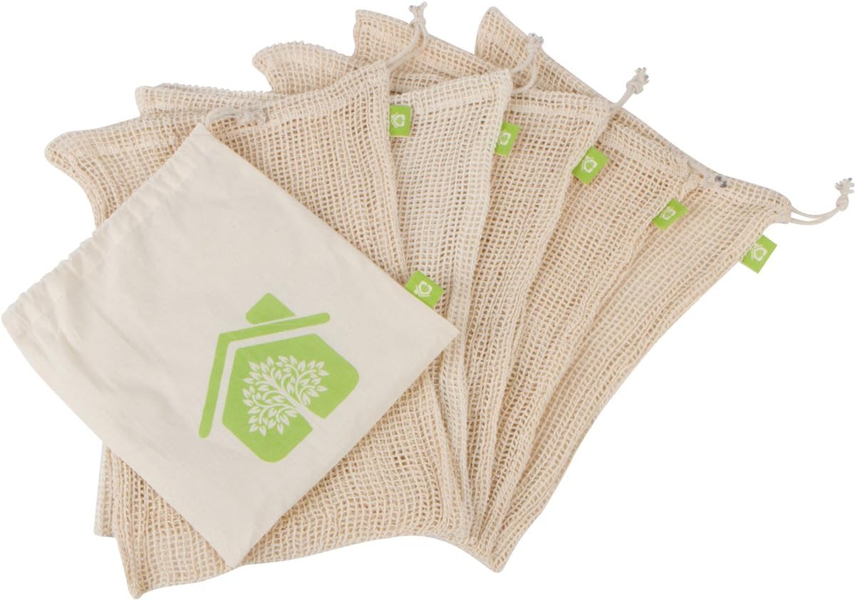 Reusable Produce Bags - Organic Cotton Mesh - 5 Pack - Large Size for Grocery Shopping - With Convenient Muslin Carry Bag