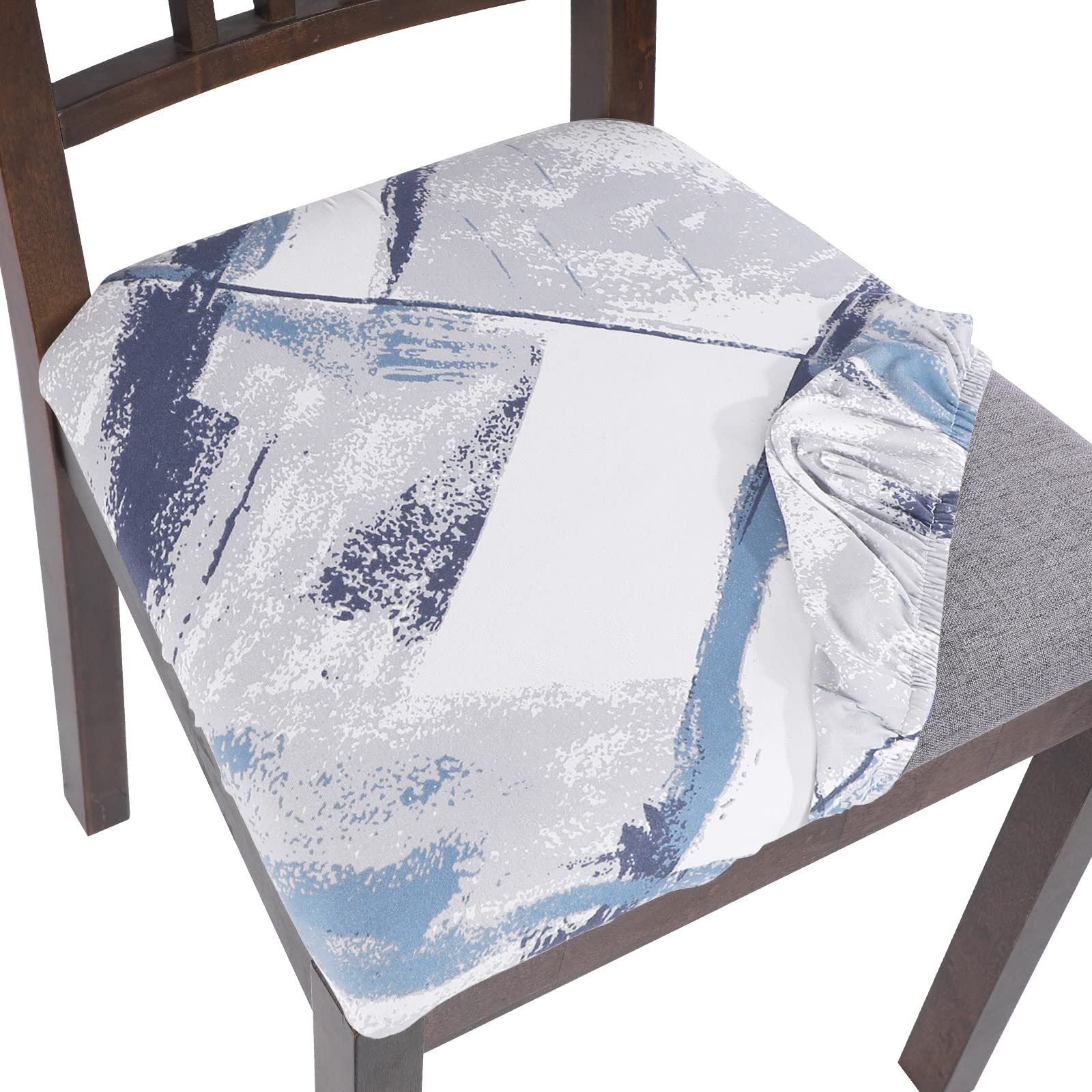 Photo 1 of SearchI Seat Covers for Dining Room Chairs Stretch Printed Chair Seat Covers Set of 6, Removable Washable Upholstered Chair Seat Protector Cushion Slipcovers for Kitchen, Office(Blue/White)