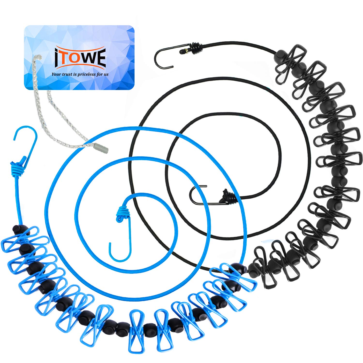 iTOWE 2Pack Portable Clothesline with 12 Pins Travel Clothesline