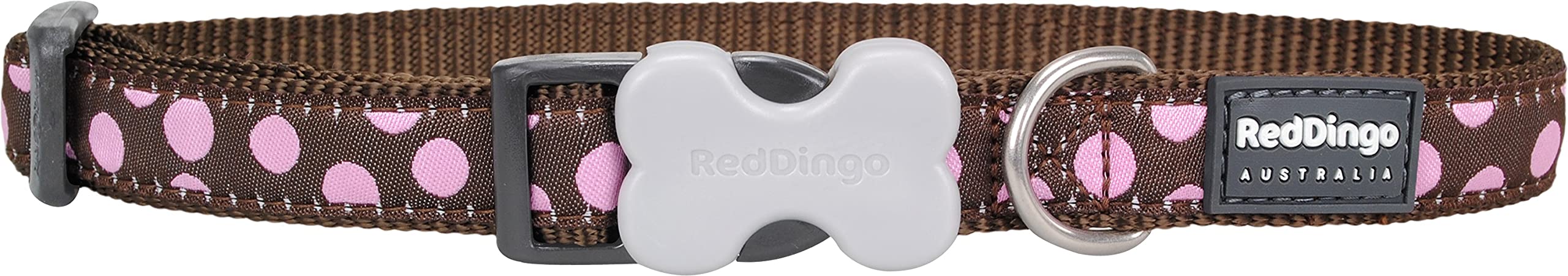 Red Dingo Bucklebone Dog Collar Design, Pink Spots on Brown, X-Small 12mm