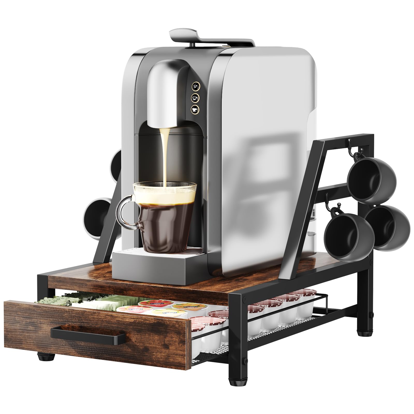 Photo 1 of Homsorout K Cup Holder Drawer - Coffee Pod Organizer for Counter, Sturdy k cups Storage Drawer with Mug Rack, Coffee Maker Stand, 35 Capacity Pods, Home Kitchen Counter Organizer, Rustic Brown