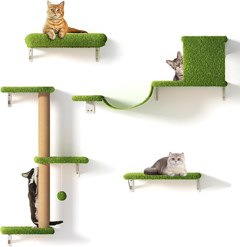 FUKUMARU Cat Wall Furniture Set 4 in 1 Green 16 Inch Drywall Compatible