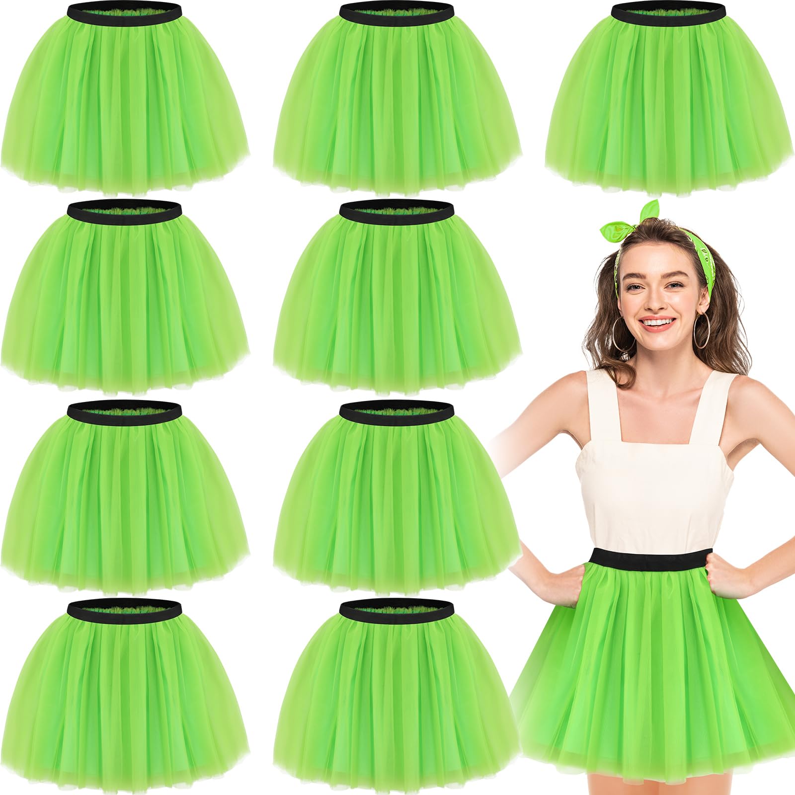 Photo 1 of Handepo 9 Pcs Colored Tutus for Women 4 Layered Tulle Tutu Skirt Elastic Classic Bulk Tutu for 80s Girl Halloween Costume(Green)