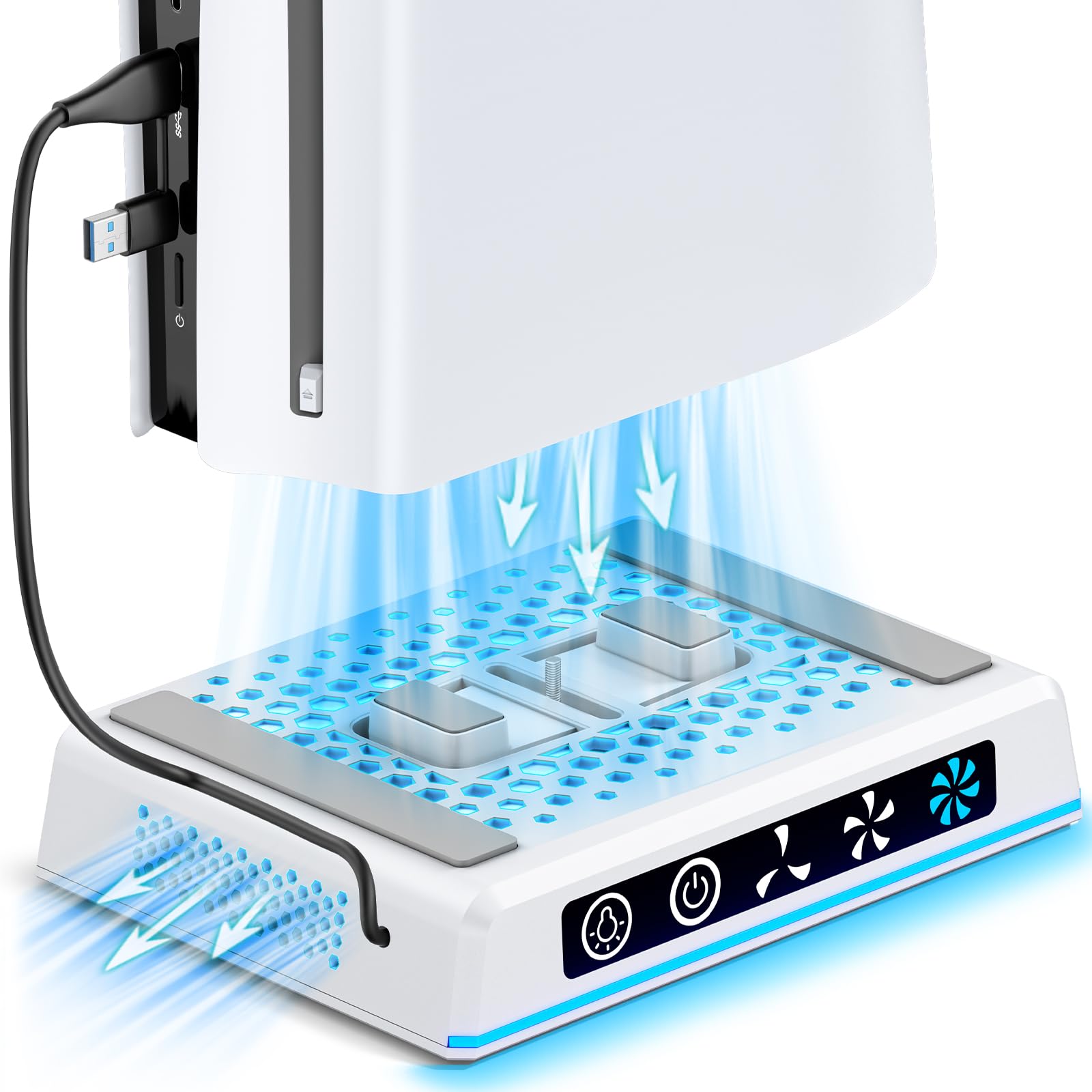 Cooling Station for PS 5/Slim/Pro Digital and Disc, PS 5 Cooling Stand with 3-Speed Cooling Fan, Pa5 Stand with 2-in-1 USB Cable for Easy Charging, Pa5 vertical stand for Play Station Game