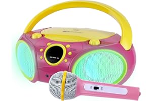 HPLAY SINGINGWOOD NP030AB-YP Portable Karaoke System, Pink Boombox with Bluetooth, CD, USB, AM/FM Radio, LED Lights Sync to Music, AC or Battery Powered