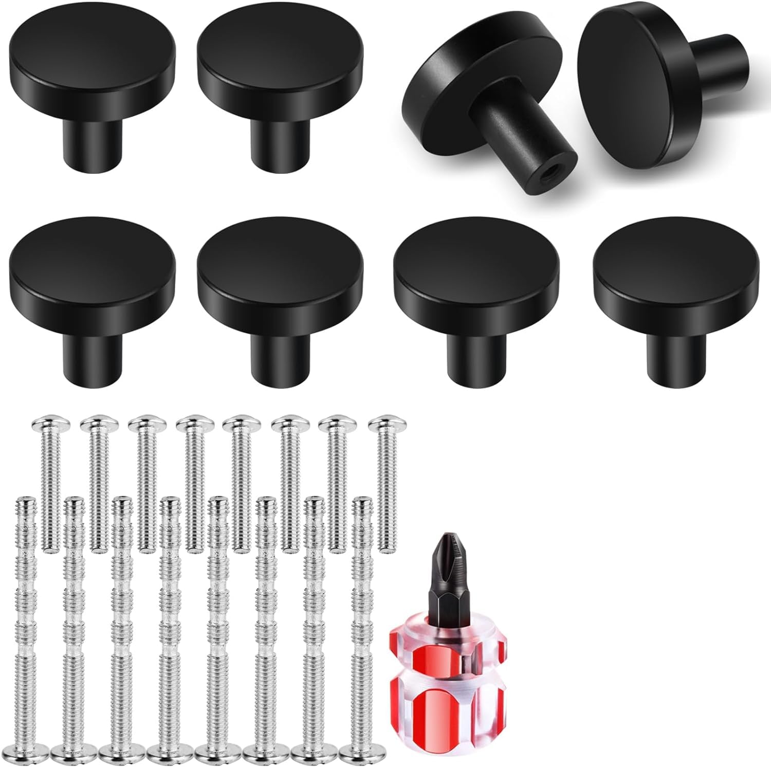 VEPEPE 8 Pcs Round Black Door Knobs, 30mm Brass Drawer Knobs, Single Hole Cabinet Knobs with Screws, Screwdriver, Round Wardrobe Door Knobs for Cupboards & Draws Home Decorating (Black)