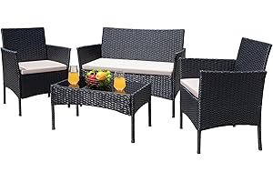 Greesum Patio Furniture 4 Pieces Conversation Sets Outdoor Wicker Rattan Chairs Garden Backyard Balcony Porch Poolside loveseat with Cushion and Glass Table, Black and Beige