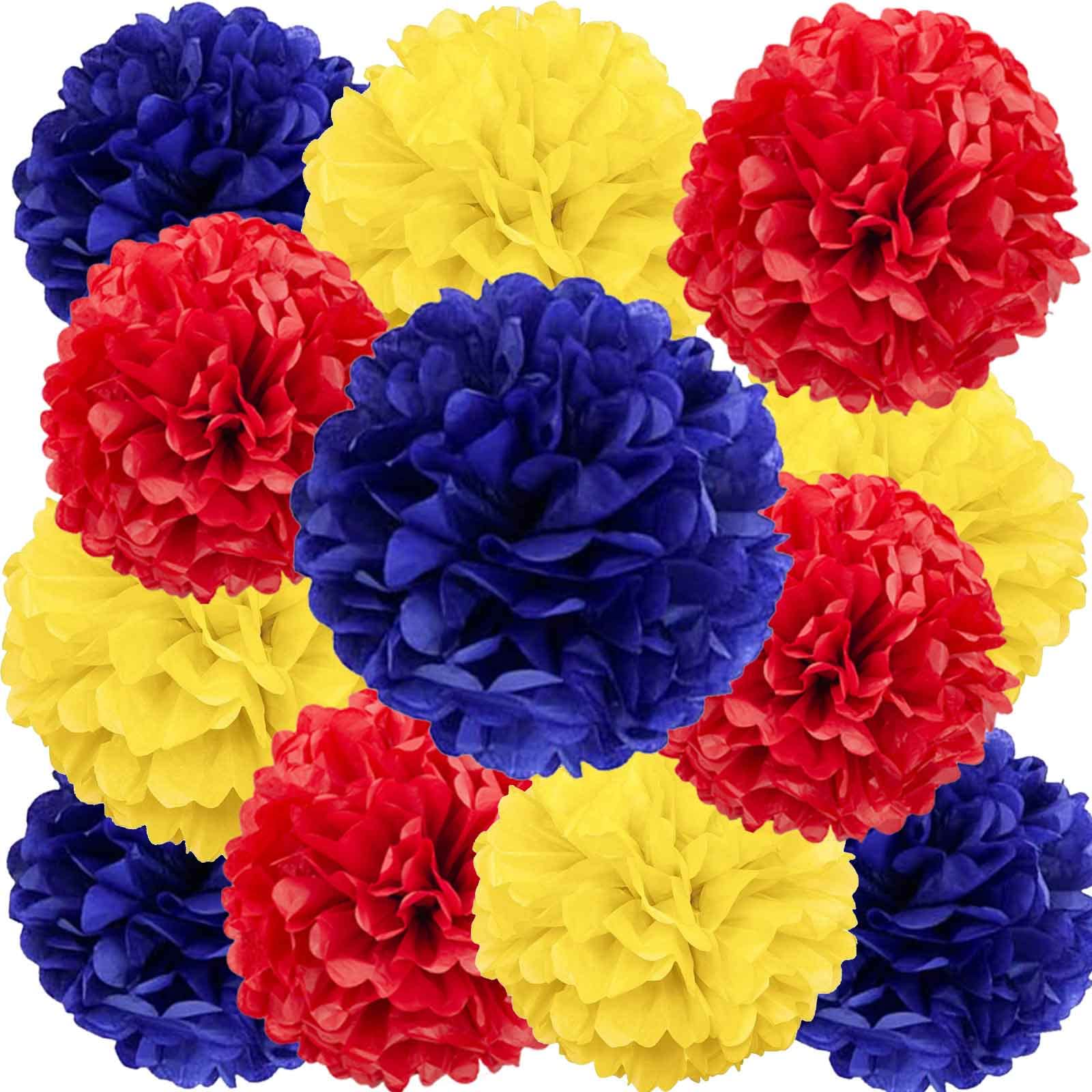 12pcs Red Blue Yellow Paper Pom Poms Decorations for Party Ceiling Wall Hanging Tissue Flowers Pompon Decorations - 12 Inch, 10 Inch