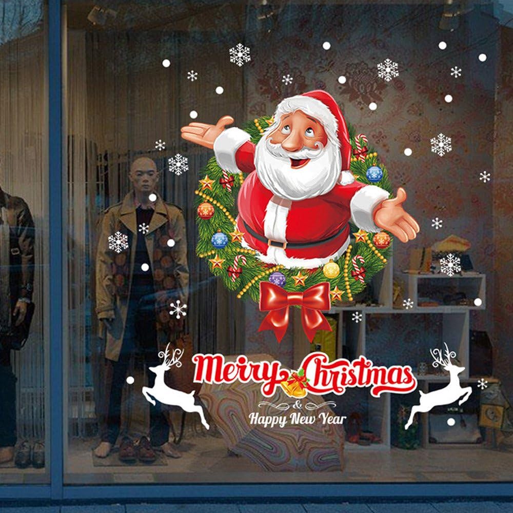Ouniman 2019 New Christmas Santa Claus Stickers Window Glass Decoration Holiday Xmas Snowflake Reindeer DIY Wall Decals Mural for Living Room Bedroom Kids Room Shop Window Nursery (Multicolor)