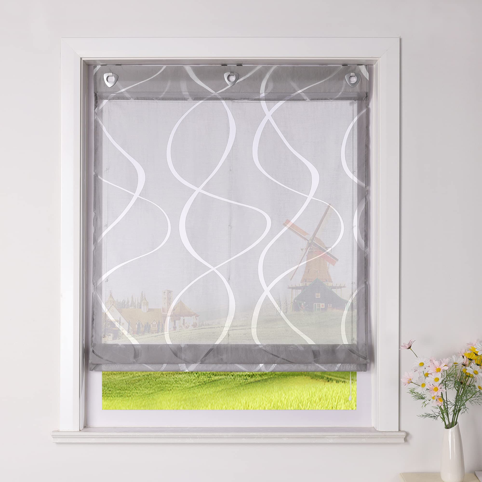 CORLIF Roman Blind Burnout Curtains Kitchen Roman Curtains Country House Transparent Eyelet Blind with Wave Pattern Short Curtain Modern Blinds with Eyelets Grey W x H 100 x 140 cm 1 Piece