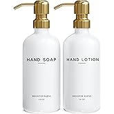Luxury Glass Soap and Lotion Dispenser Set by Brighter Barns - Liquid Soap Dispenser Bathroom Set - White and Gold Bathroom Accessories for Vacation Rental, Airbnb, Hotel, Wedding Gift (Gold)